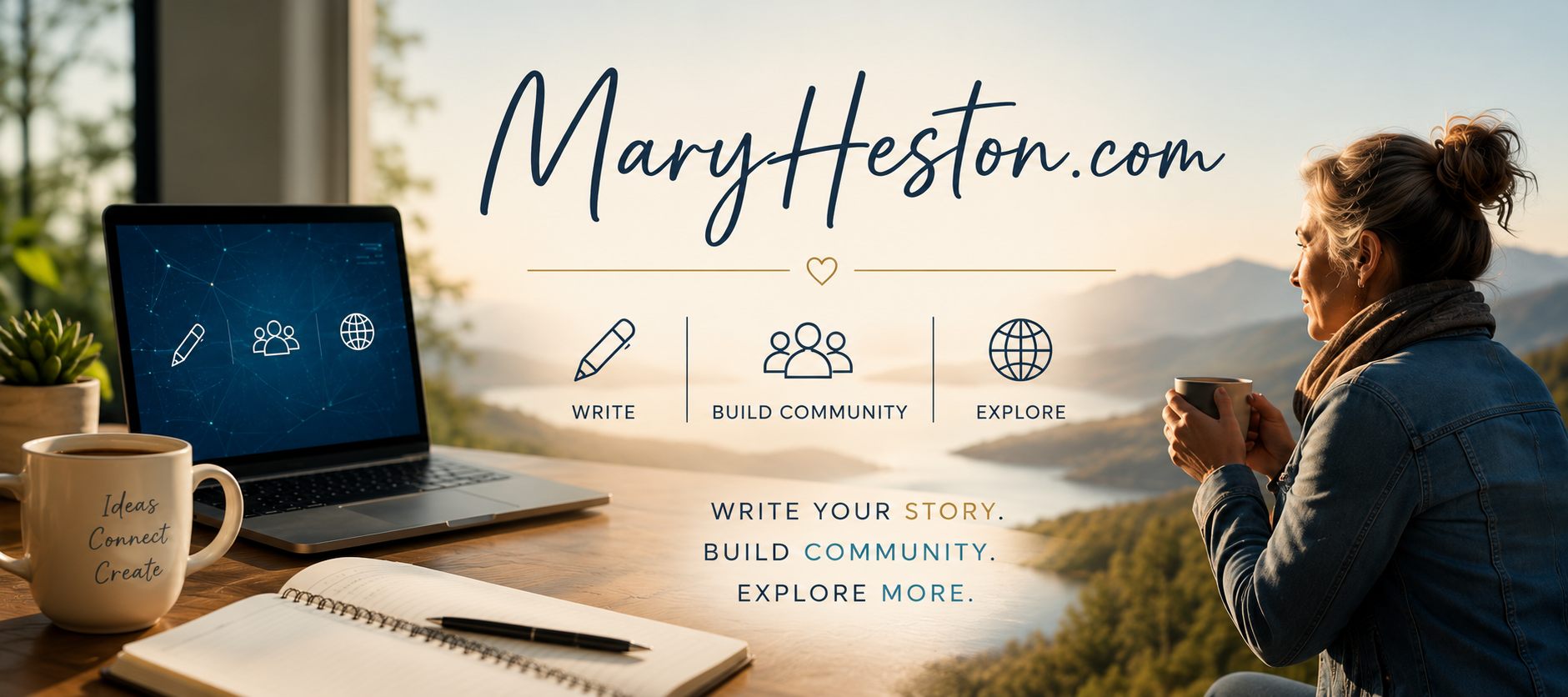 MaryHeston.com — a writer's desk with a laptop, journal, and coffee overlooking a misty blue lake valley at sunrise. Write your story. Build community. Explore more.